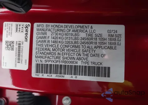 2024 Honda Ridgeline Rtl z USA, uszkodzony, nr VIN 5FPYK3F51RB006834